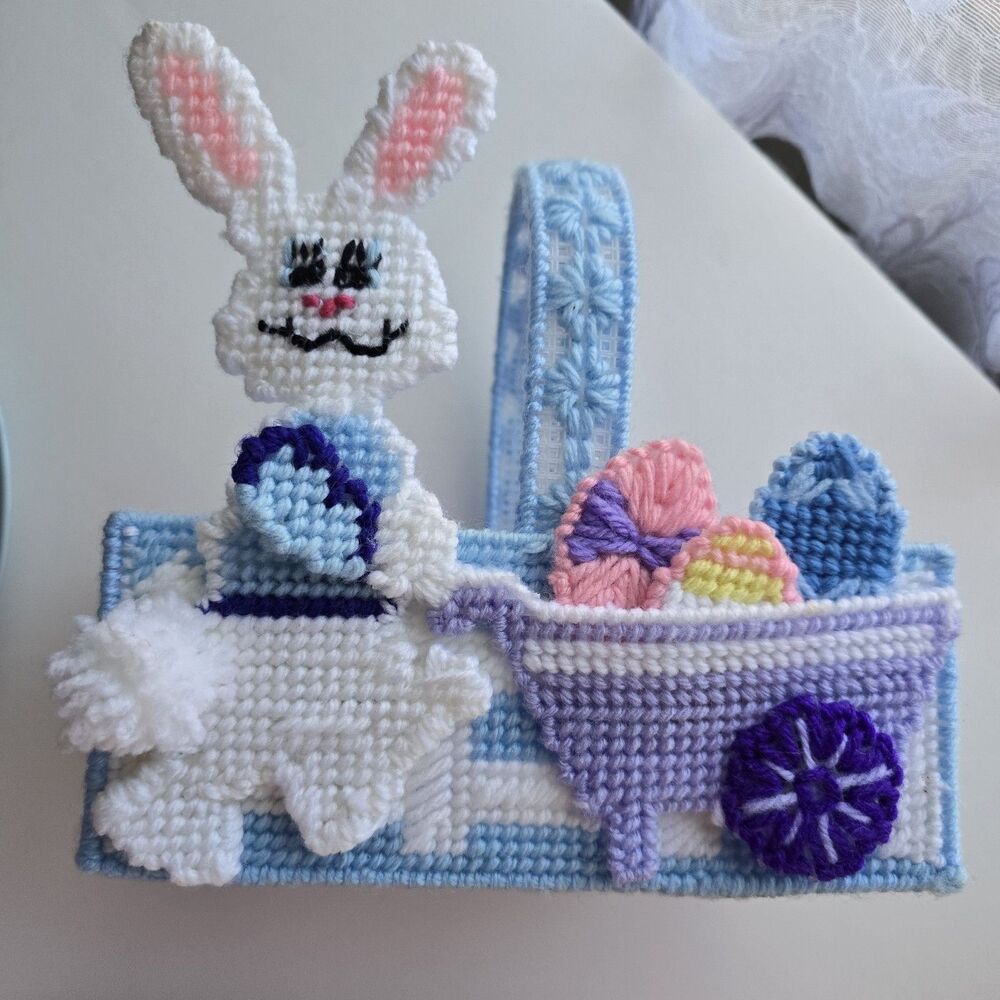Easter Basket hand Crafted Plastic Yarn Needlework Kitchy Rabbit Bunny And Eggs